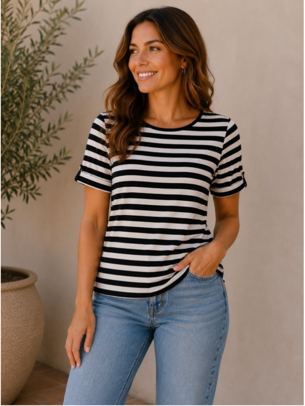 Women's Ann Taylor LOFT Black White Striped Short Sleeve Tee S Summer